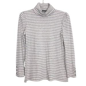 Talbots 2020 Gray White Ribbed Stripe Button Cuff Turtle Neck Size Medium P